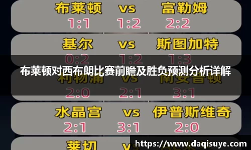 布莱顿对西布朗比赛前瞻及胜负预测分析详解